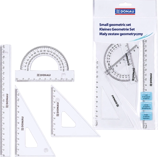 Kleine geometrieset DONAU met liniaal 20 cm, driehoeken en gradenboog, transparant - 1 stuk