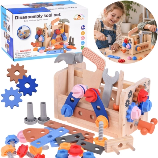 Houten kinderkoffertje met gereedschap en miniwerkplaats