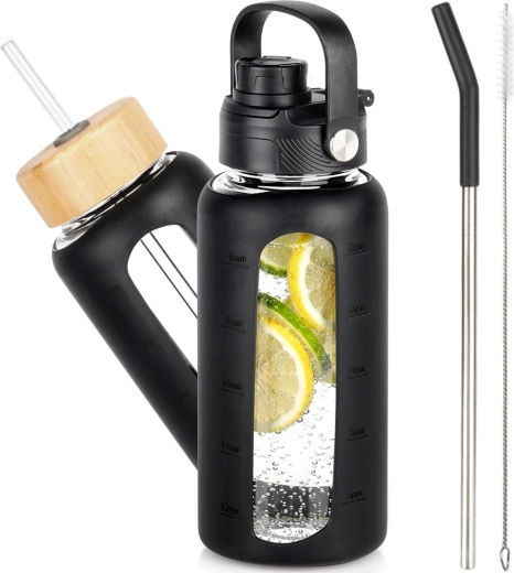 Glazen waterfles met beschermende siliconen hoes en verwisselbare doppen, zwart 800 ml