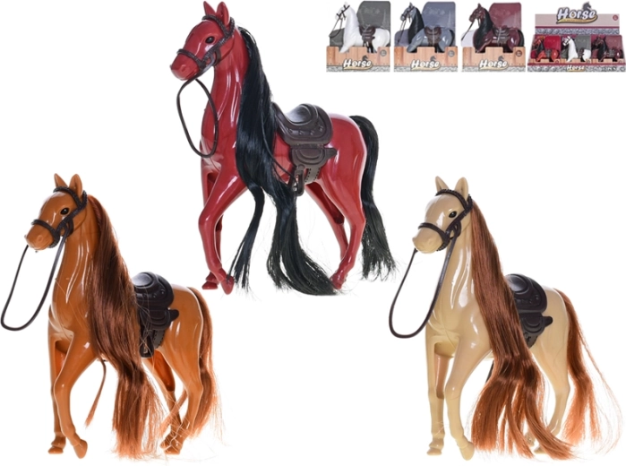 Plastic paardenfiguur 12 cm met zadel en kampeerbare manen