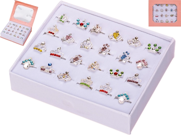 Meisjesset ringen met kroontjes in hartvormig doosje, 24 stuks
