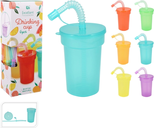 Plastic beker met deksel en rietje 380 ml, mix kleuren, set van 6 stuks