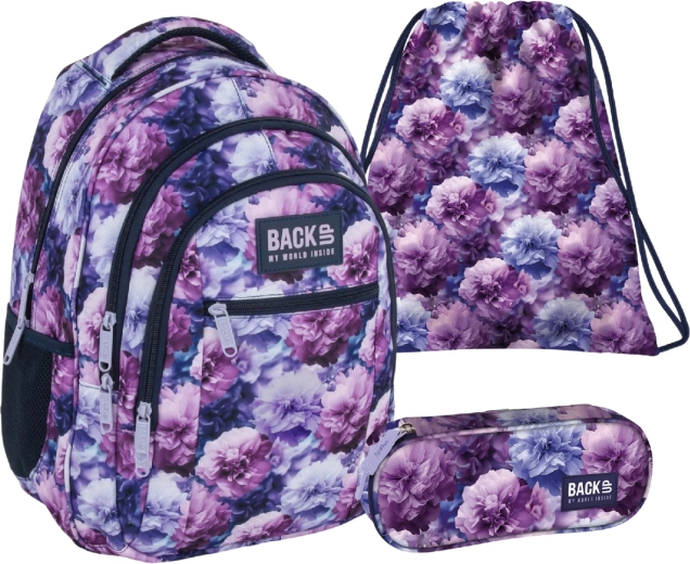 Schoolset BackUP Violet Flowers 3-in-1 – rugzak, etui en gymtas