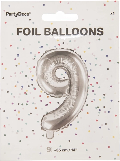 Folieballon cijfer 9 zilverkleurig 35 cm