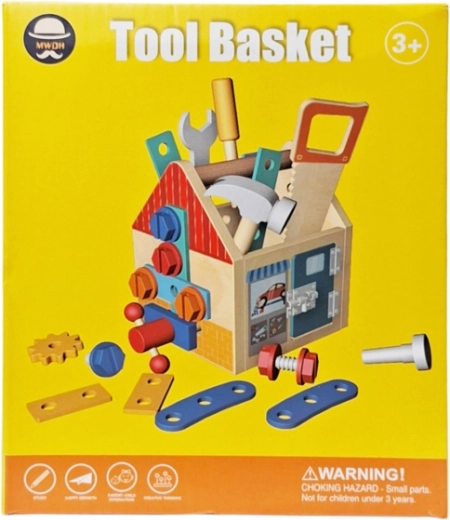 Houten gereedschapsset in huisvormige kist