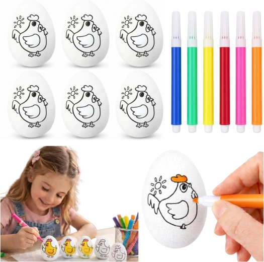 Paaseieren van piepschuim om in te kleuren met stiften en een kippenmotief - 6 stuks