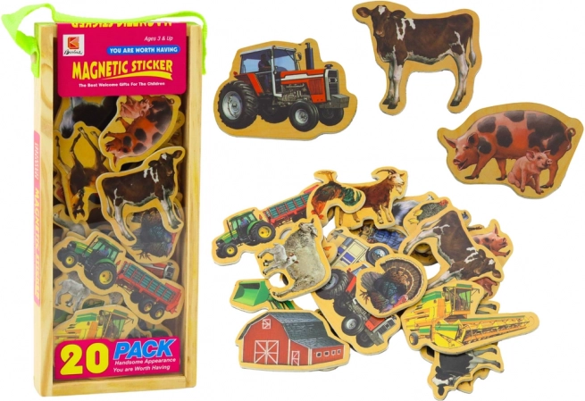 Houten magneetjes boerderij – dieren en landbouwmachines, 20 stuks