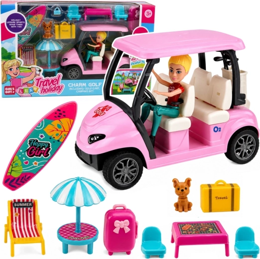 Golfset met roze golfkar, pop, hondje en vakantieaccessoires