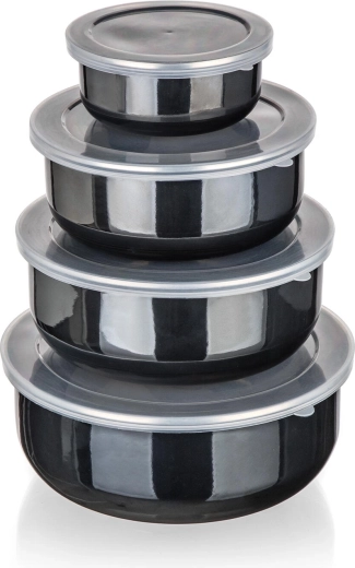 Set geëmailleerde kommen met deksels METALIC Black, 8-delig