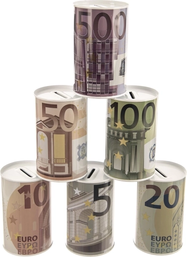 Blikken spaarpot EURO 8 × 8 × 13 cm (assortiment 6 varianten)