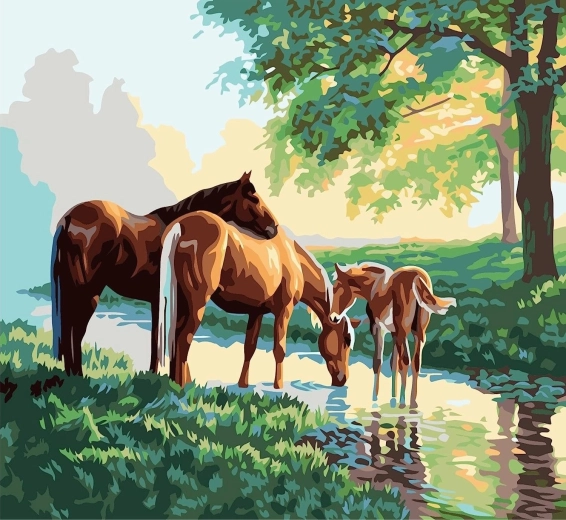 Schilderen op nummer Paardenfamilie bij de beek 40 × 50 cm