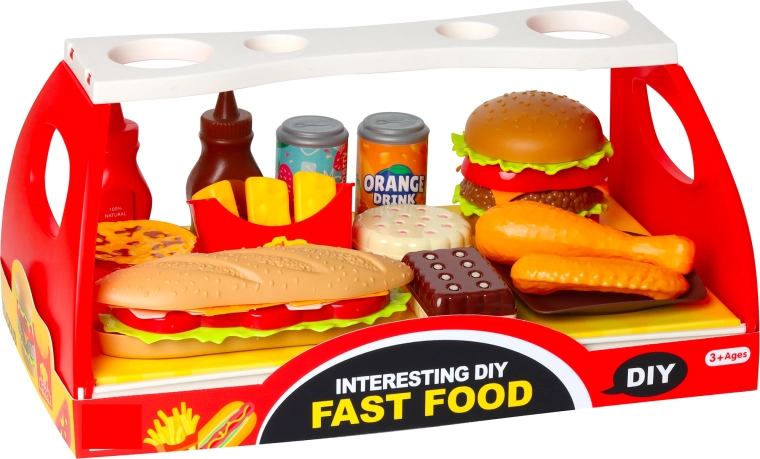 Fastfoodset: hamburger en broodje met accessoires