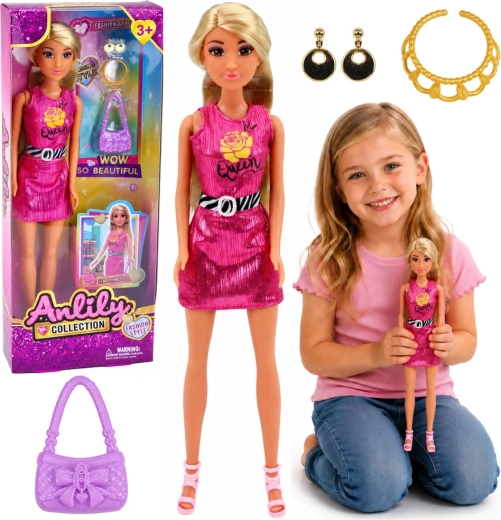 Anlily modepop in roze jurk met handtas en sieraden 30 cm