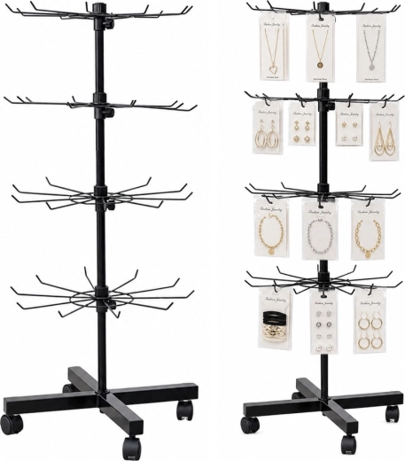 Draaibare vierlaagse presentatiestandaard met haakjes op wieltjes, zwart 40 × 150 cm
