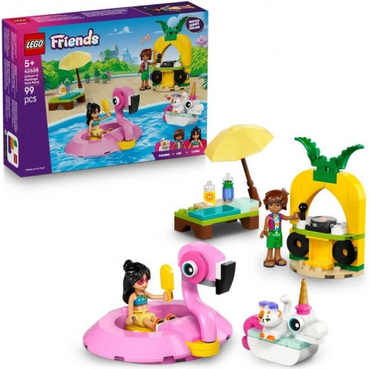 lego friends: poolparty met een eenhoorn en flamingo