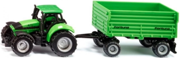 Siku Tractor Deutz-Fahr met tweeeenassige Fortuna-aanhanger