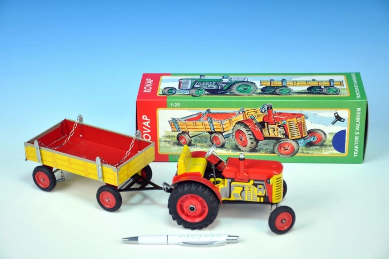 Tractor Zetor met aanhanger op opwindsleutel metaal 28 cm KOVAP – Rood