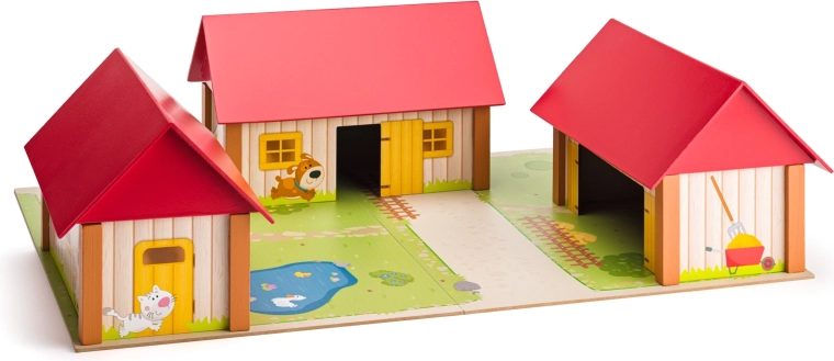 Houten boerderij met drie gebouwen en speelmat
