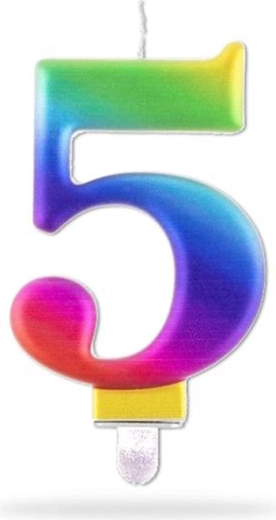 Kaars cijfer 5 prikker regenboog 7,5 cm