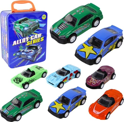 Set metalen autootjes met wrijvingsaandrijving in blikken koffer 1:64, 6 stuks