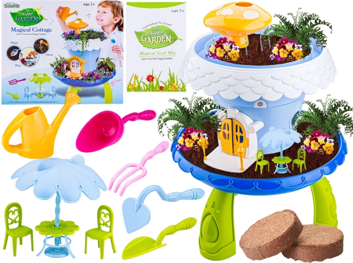 Blauwe kindertuinset met bloempot en poppenhuisje