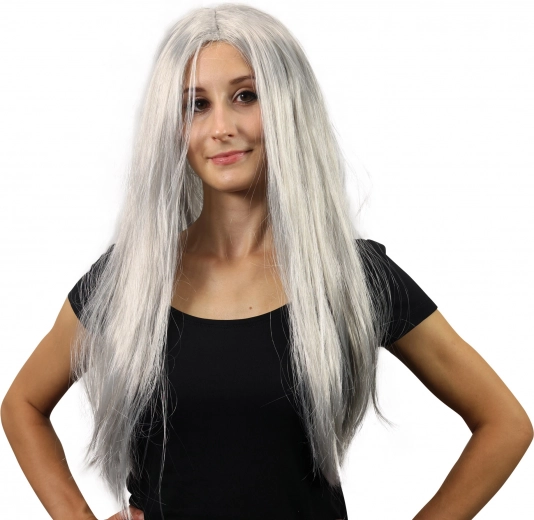 zilveren heksenpruik met lang haar