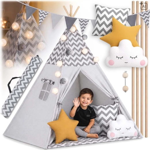 Kinder tipi-tent met lichtjes Nukido grijs