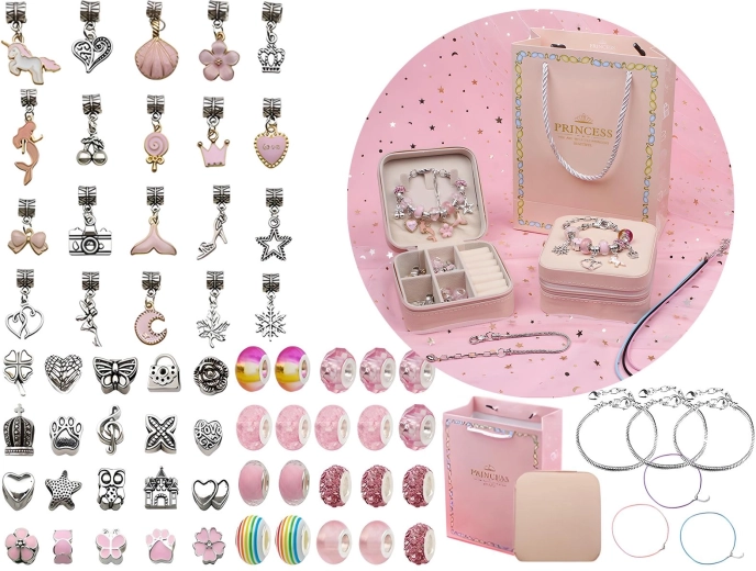 Set voor het maken van sieraden en armbanden met bedels en kralen in roze tinten met etui