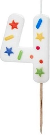 Verjaardagskaars cijfer 4 wit met confetti 5,5 cm