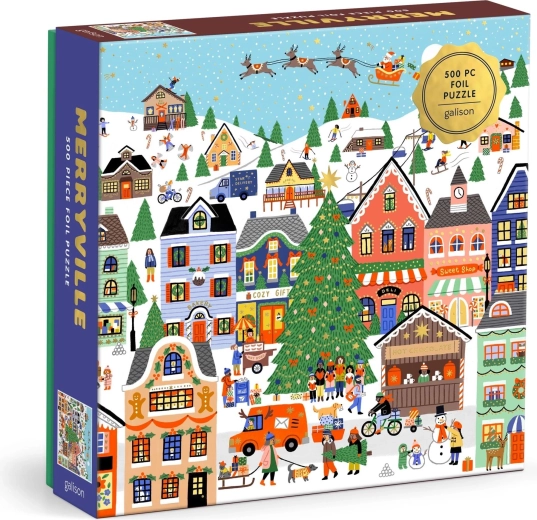 Galison metallic vierkante puzzel met besneeuwd dorpje, 500 stukjes