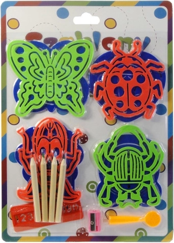 Tekenstencils voor kinderen – set van 8 sjablonen met kleurpotloden