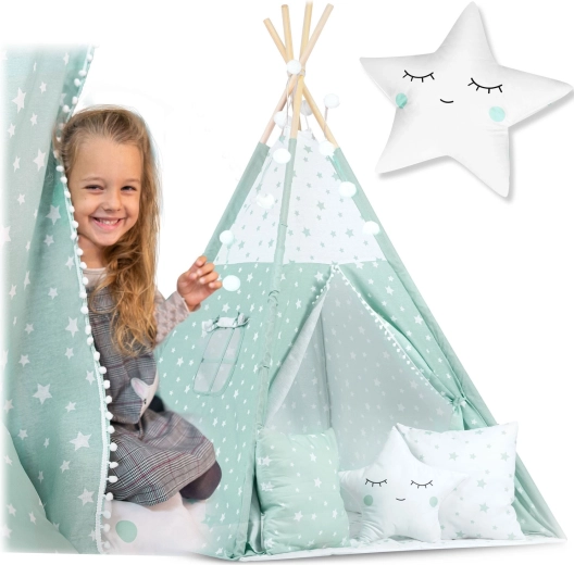 Kinderteepee met lichtjes – mint met sterretjes