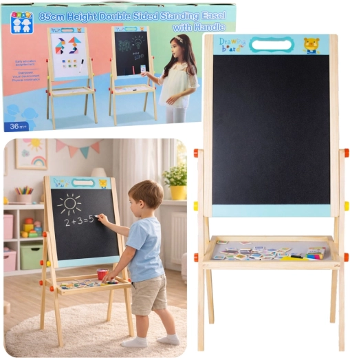 Dubbelzijdig houten magnetisch en krijtbord voor kinderen – blauw