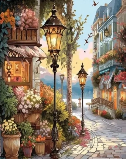 NORIMPEX Schilderen op nummer Bloemenwinkel onder lampen 40 × 50 cm
