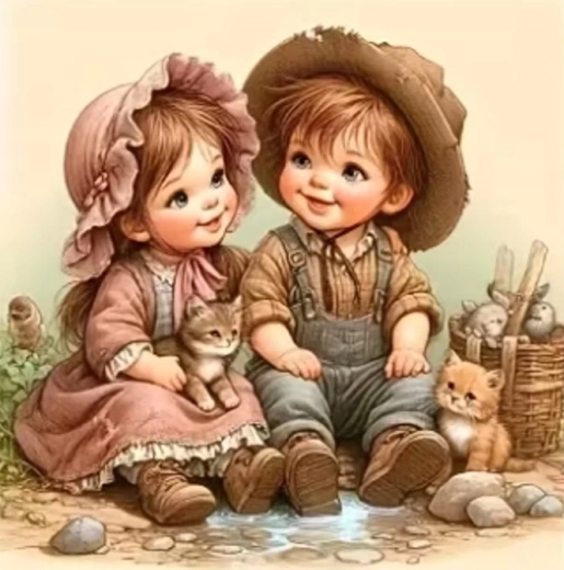 Norimpex diamond painting dorpskinderen met kittens 30 × 40 cm