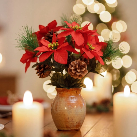 Kerststerdecoratie met 3 bloemen en een dennenappel, donkerrood, 34 cm