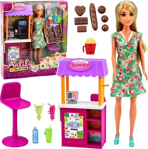 Anlily poppenverkoopster met kraampje met drankjes en snacks 30 cm