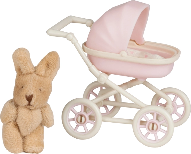 Lundby kinderwagen met pluchen konijntje voor het poppenhuis