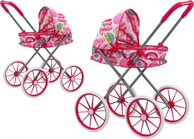 Poppenwagen met grote wielen, opvouwbaar, roze met patronen