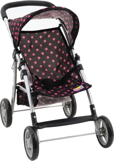 Poppenbuggy (golfbuggy) zwart met roze stippen en mandje - 1 stuk