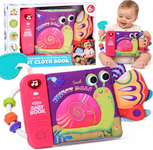 Interactief sensorisch stoffen boekje voor baby’s – slak en insecten met melodieën, nachtlampje, spiegeltje en bijtring