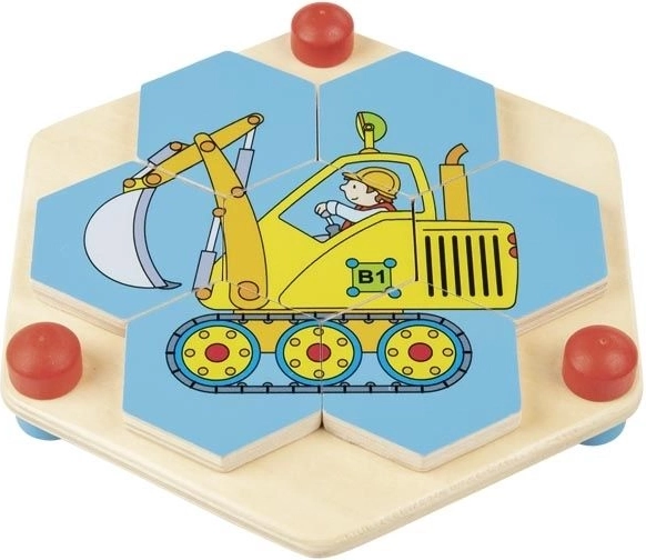 Houten zeshoekige puzzel Bouwmachines Goki