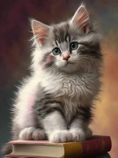 Diamantmozaïek – kitten op boeken