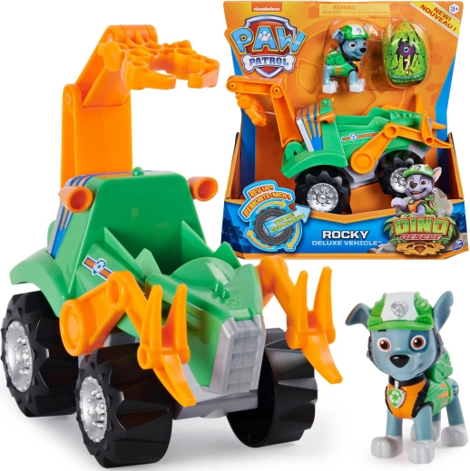 Paw Patrol Rocky Dino Rescue – figuur, groot voertuig en verrassingsdinosaurus