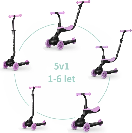 Qplay Sema Evo kinderstep en loopfiets met LED-verlichting Violet 3-in-1