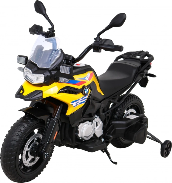 Elektrische kindermotor BMW F850 GS geel met zijwieltjes, LED en audio