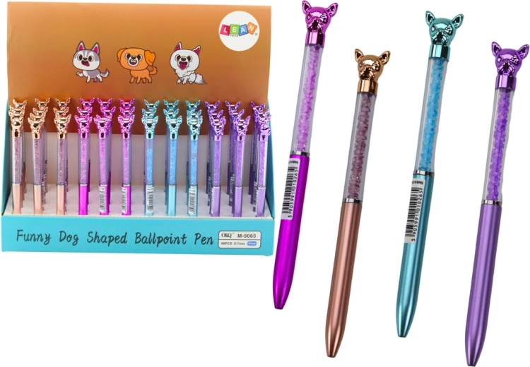 Balpen met hondje en steentjes, blauwe inkt 0,7 mm