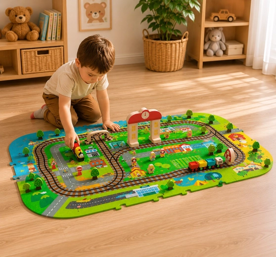 Humbi 3D-schuimmat met stad, trein en rails, 56 delen