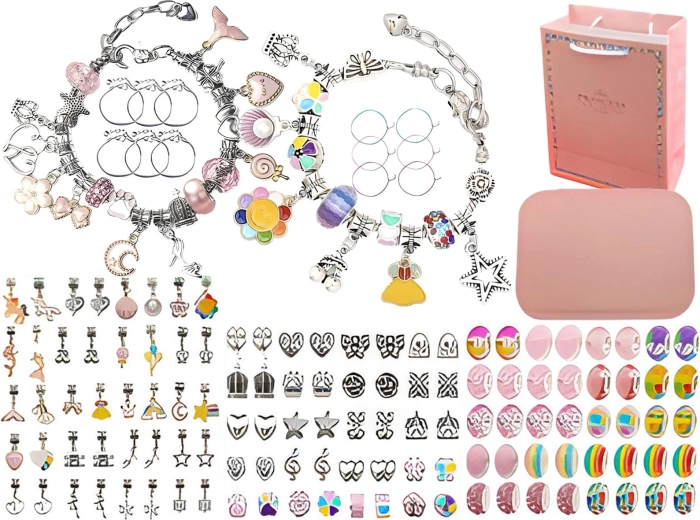 Creatieve set voor het maken van sieraden en armbanden met bedels en kralen (regenboogroze mix) met etui