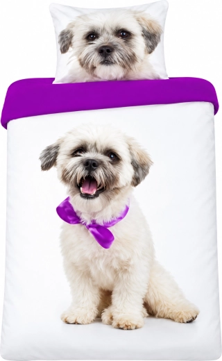 Katoenen beddengoed FARO met Shih-tzu-puppy, paars-wit, 140 × 200 cm